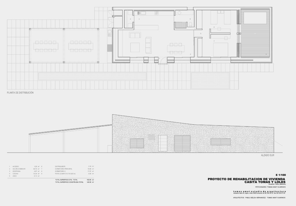 Vivienda unifamiliar Relleu — planta y alzado sur