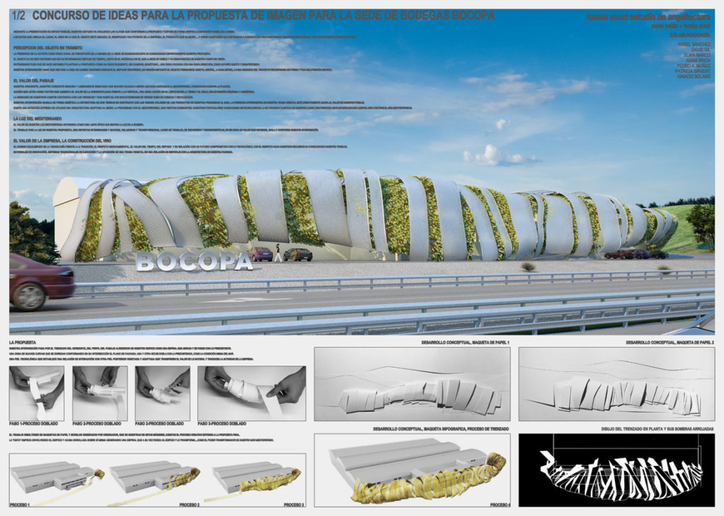 Concurso de rehabilitación de fachada bodegas Bocopa. Panel 1 con detalles del proyecto arquitectónico