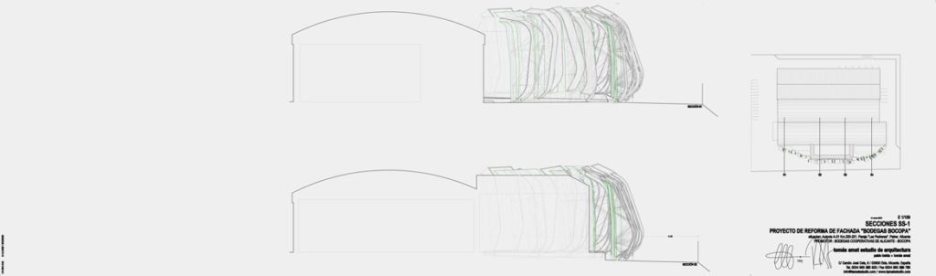 Concurso de rehabilitación de fachada bodegas Bocopa. Panel 4 con detalles del proyecto arquitectónico