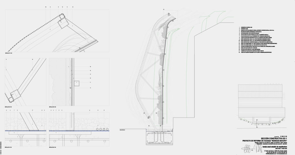 Concurso de rehabilitación de fachada bodegas Bocopa. Panel 5 con detalles del proyecto arquitectónico
