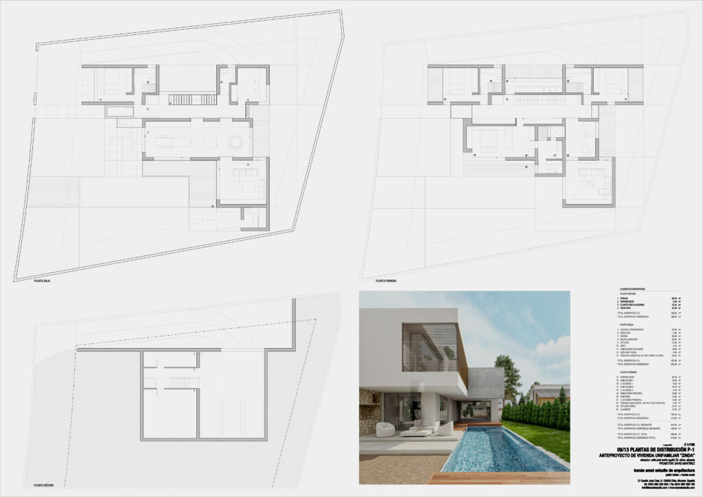 Casa ZuV — panel 1, plantas y render exterior