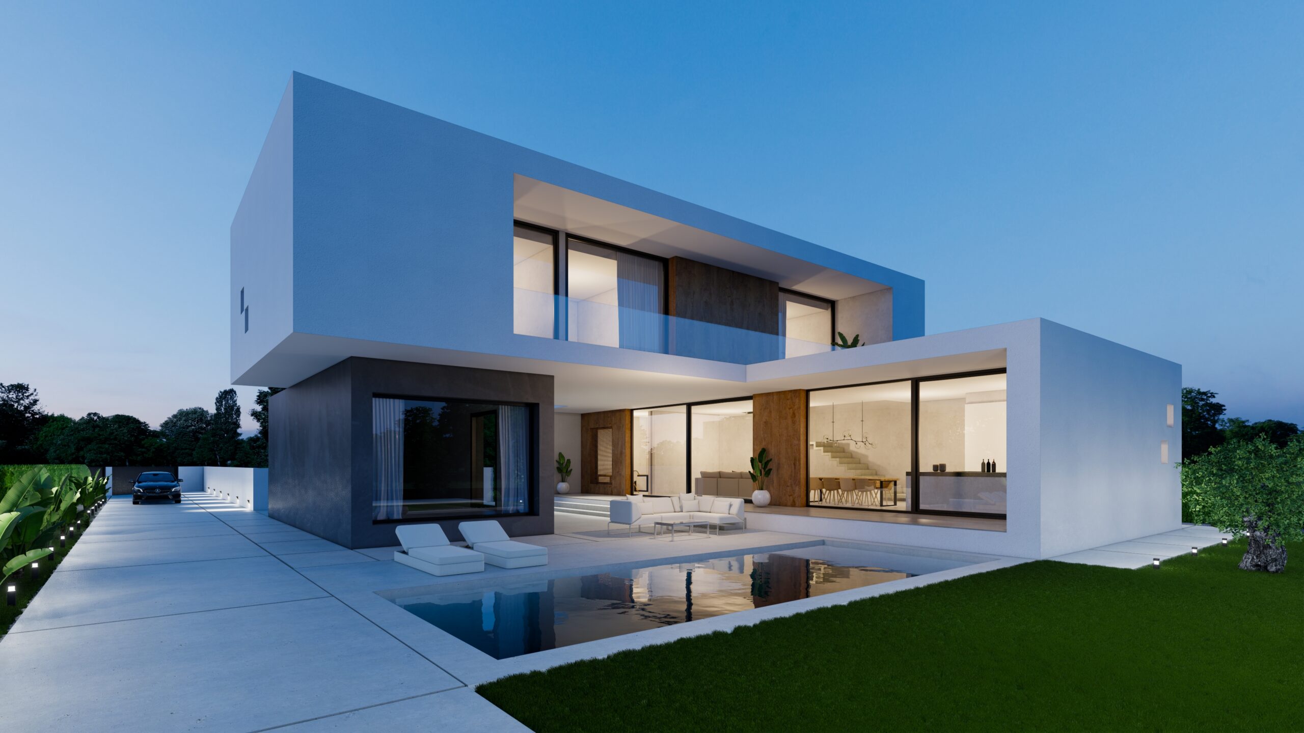 Render de vivienda unifamiliar moderna con piscina y fachada blanca al atardecer, arquitecto tomas amat estudio de arquitectura Alicante