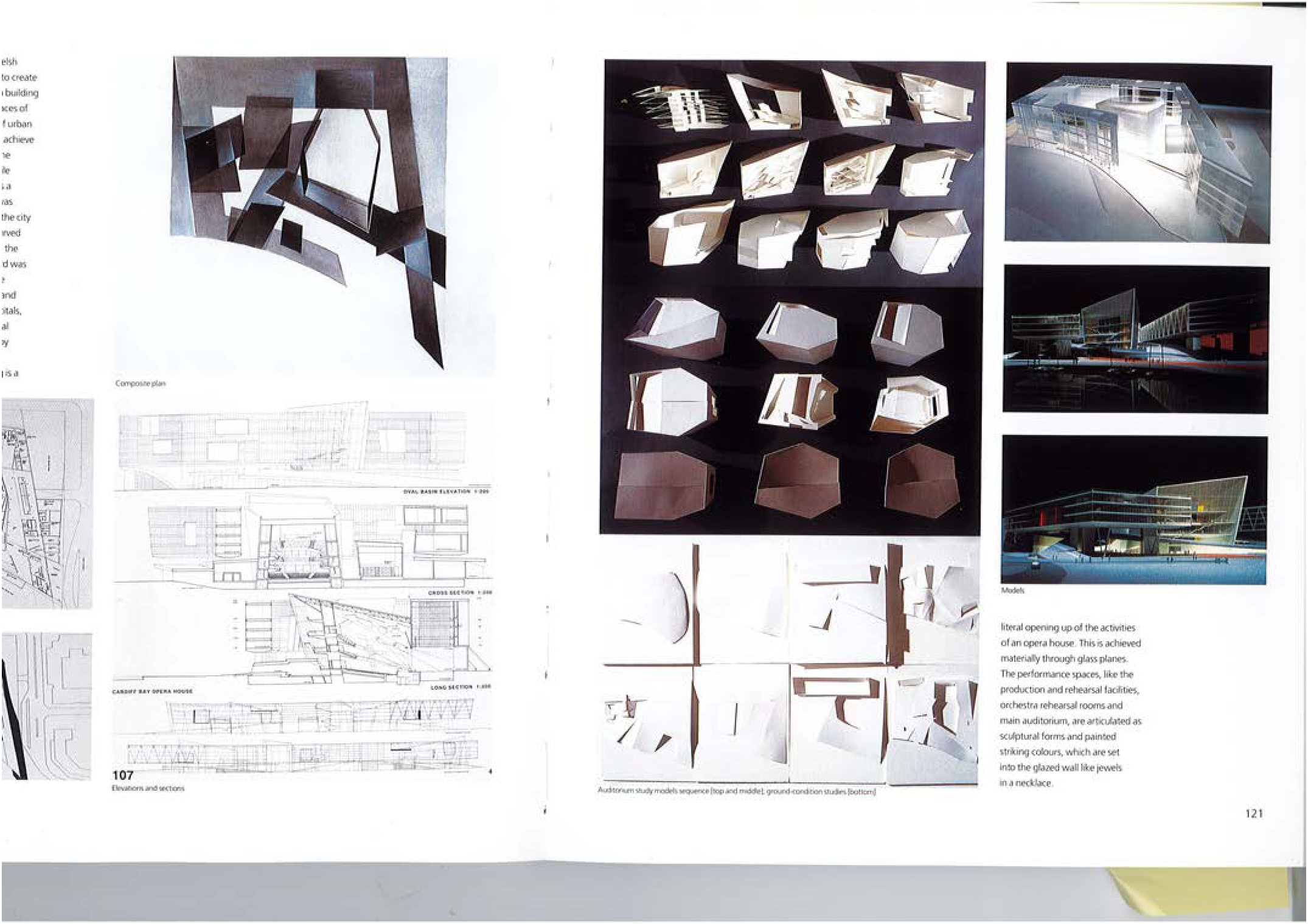 Páginas de la monografía dedicadas a la Cardiff Bay Opera House de Zaha Hadid, proyecto en cuyo equipo de diseño participó Tomás Amat.